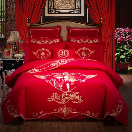 慕她婚庆四件套大红色刺绣花全棉纯棉结婚六八十多件套我们结婚啦