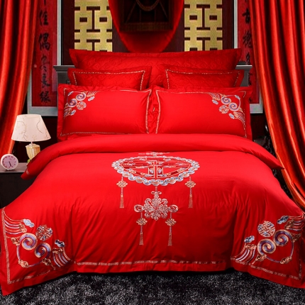 慕她婚庆四件套大红色刺绣花全棉纯棉结婚六八十多件套双喜良缘
