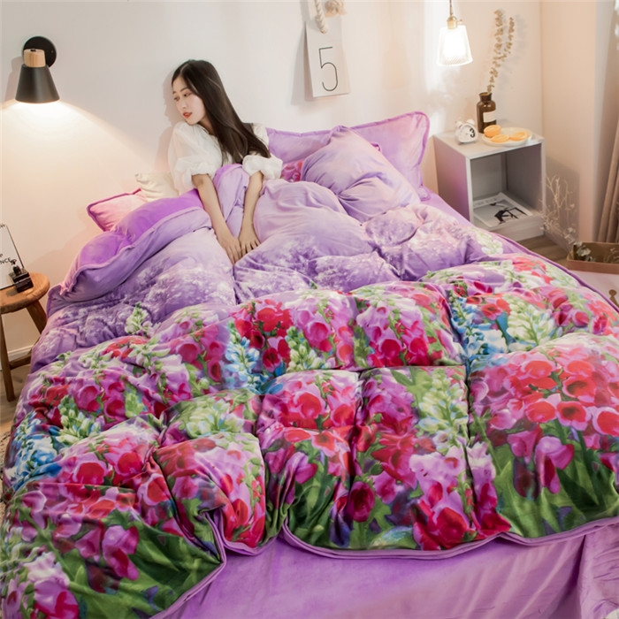 91家纺网 家纺一手货源 找家纺 欧冠家纺 2018印花牛奶绒爆款四件套 熏衣草