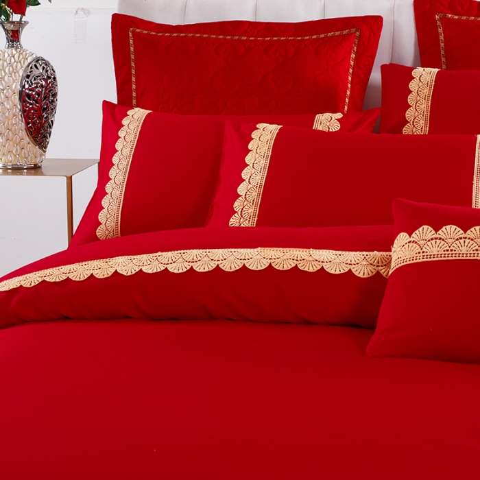 91家纺网 家纺一手货源 找家纺 慕她婚庆四件套大红色刺绣花全棉纯棉结婚六八十多件套喜事满屋