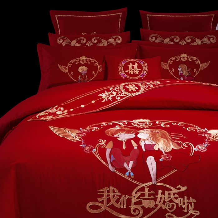 91家纺网 家纺一手货源 找家纺 慕她婚庆四件套大红色刺绣花全棉纯棉结婚六八十多件套我们结婚啦