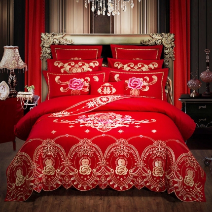 慕她婚庆四件套大红色刺绣花全棉纯棉结婚六八十多件套喜事多多