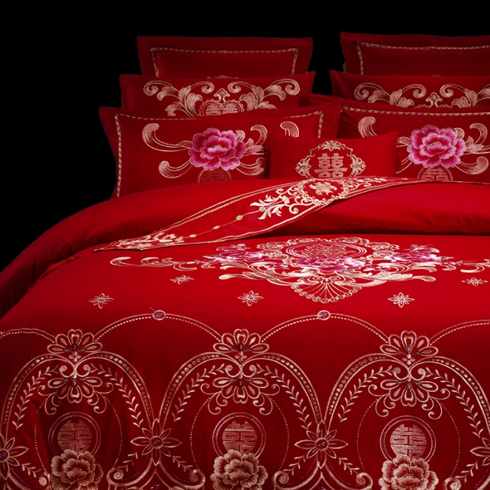 91家纺网 家纺一手货源 找家纺 慕她婚庆四件套大红色刺绣花全棉纯棉结婚六八十多件套喜事多多