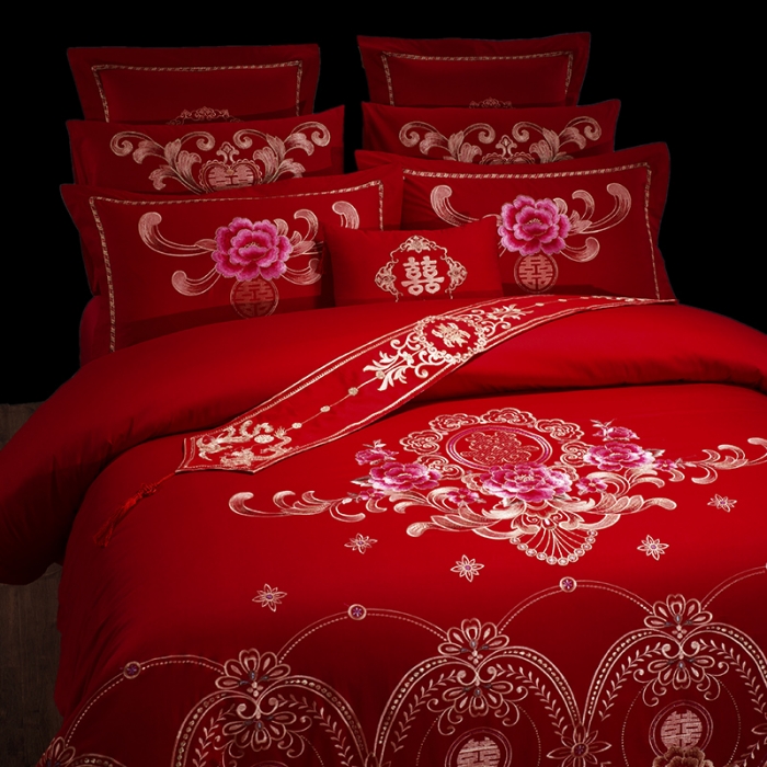 91家纺网 家纺一手货源 找家纺 慕她婚庆四件套大红色刺绣花全棉纯棉结婚六八十多件套喜事多多