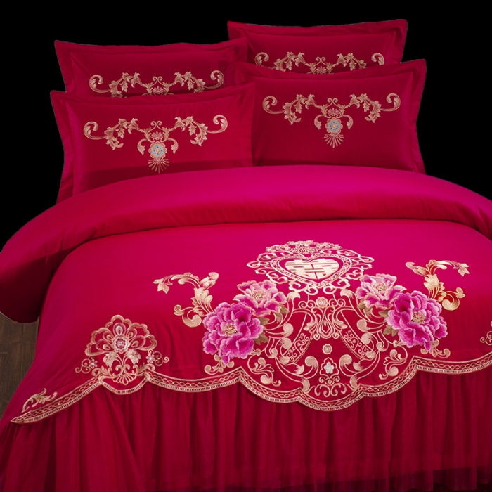 91家纺网 家纺一手货源 找家纺 慕她婚庆四件套大红色刺绣花全棉纯棉结婚六八十多件套花曼喜多