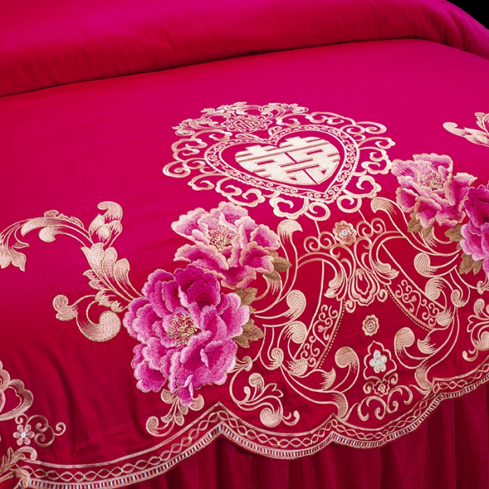 91家纺网 家纺一手货源 找家纺 慕她婚庆四件套大红色刺绣花全棉纯棉结婚六八十多件套花曼喜多