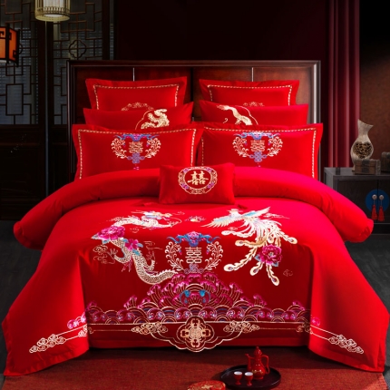 91家纺网 家纺一手货源 找家纺 慕她婚庆四件套大红色刺绣花全棉纯棉结婚六八十多件套盘龙逸凤