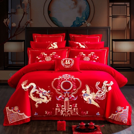 慕她婚庆四件套大红色刺绣花全棉纯棉结婚六八十多件套鸳鸯龙凤