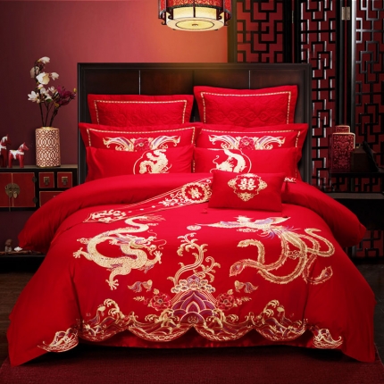 慕她婚庆四件套大红色刺绣花全棉纯棉结婚六八十多件套盘龙舞凤