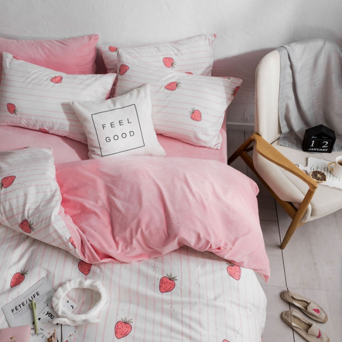 91家纺网 家纺一手货源 找家纺 梦家居韩国简约纯棉水晶绒四件套A版全棉B版水晶绒四件套