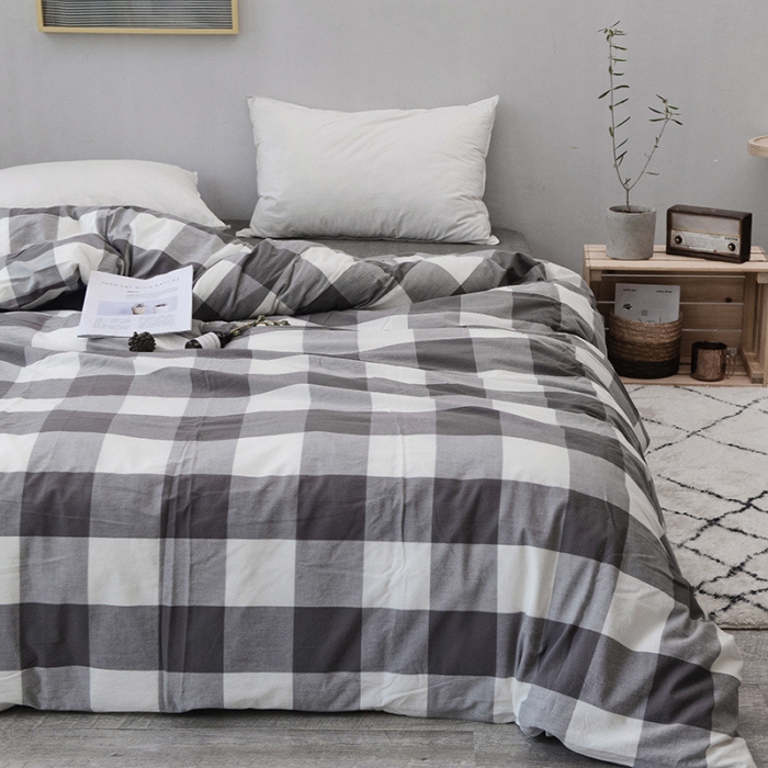 91家纺网 家纺一手货源 找家纺 柠萌家居 全棉色织水洗棉无印良品风被套格子系列