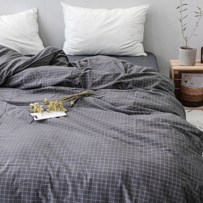 91家纺网 家纺一手货源 找家纺 柠萌家居 全棉色织水洗棉无印良品风被套格子系列