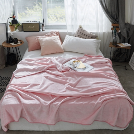 来菲加厚纯色法莱绒毛毯珊瑚绒毯子素色金貂绒新款粉玉色