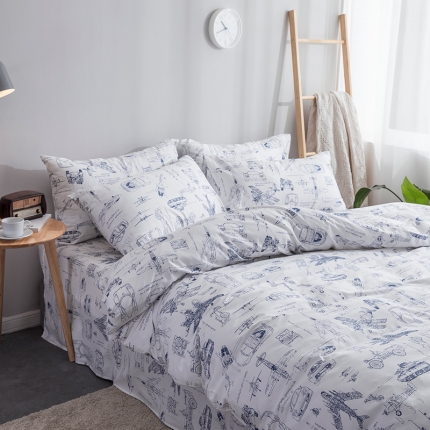 91家纺网 家纺一手货源 找家纺 感遇 素描纸飞机战队小汽车纯棉卡通儿童床单三四件套