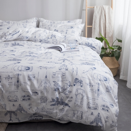91家纺网 家纺一手货源 找家纺 感遇 素描纸飞机战队小汽车纯棉卡通儿童床单三四件套