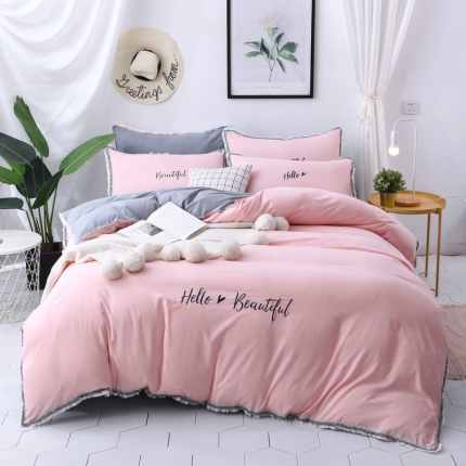 91家纺网 家纺一手货源 找家纺 雨菲家纺 爆款网红少女心ins北欧水洗棉刺绣四件套 粉灰色