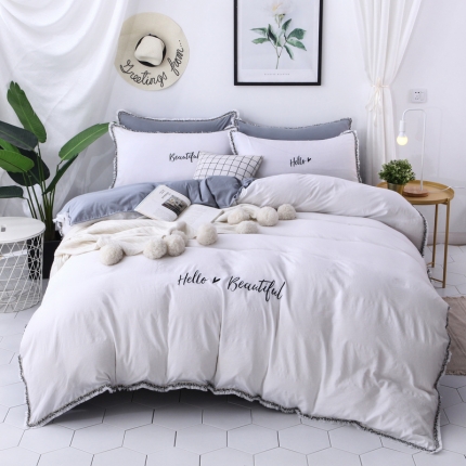 91家纺网 家纺一手货源 找家纺 雨菲家纺 爆款网红少女心ins北欧水洗棉刺绣四件套 白灰色