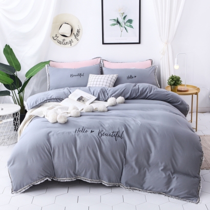 91家纺网 家纺一手货源 找家纺 雨菲家纺 爆款网红少女心ins北欧水洗棉刺绣四件套 全灰色