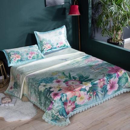 91家纺网 家纺一手货源 找家纺 （总）2024年数码印花600D欧式蕾丝边冰丝席三件套软凉席