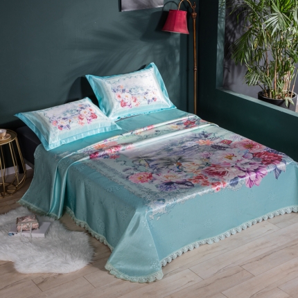 91家纺网 家纺一手货源 找家纺 （总）2024年数码印花600D欧式蕾丝边冰丝席三件套软凉席