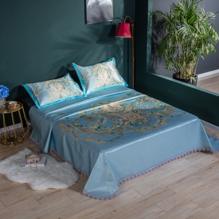 91家纺网 家纺一手货源 找家纺 （总）2024年数码印花600D欧式蕾丝边冰丝席三件套软凉席