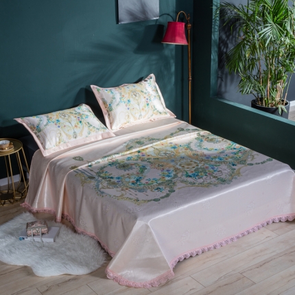 91家纺网 家纺一手货源 找家纺 （总）2024年数码印花600D欧式蕾丝边冰丝席三件套软凉席