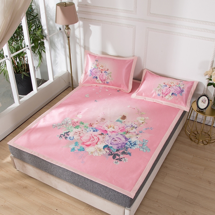 91家纺网 家纺一手货源 找家纺 2024年数码印花欧式宽边冰丝席三件套空调软席双人花卉款凉席