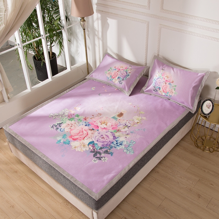 91家纺网 家纺一手货源 找家纺 2024年数码印花欧式宽边冰丝席三件套空调软席双人花卉款凉席