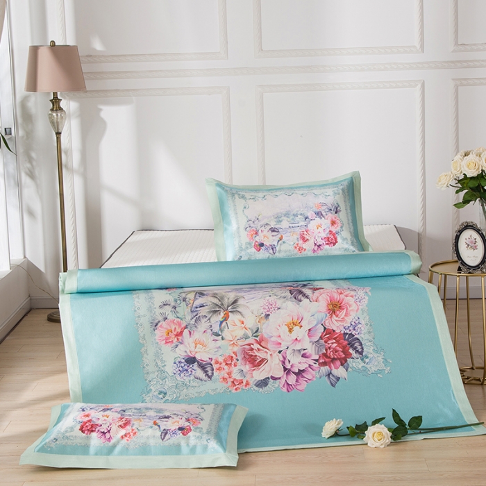 91家纺网 家纺一手货源 找家纺 2024年数码印花欧式宽边冰丝席三件套空调软席双人花卉款凉席