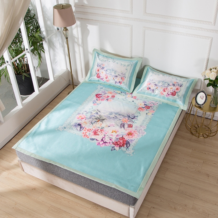 91家纺网 家纺一手货源 找家纺 2024年数码印花欧式宽边冰丝席三件套空调软席双人花卉款凉席