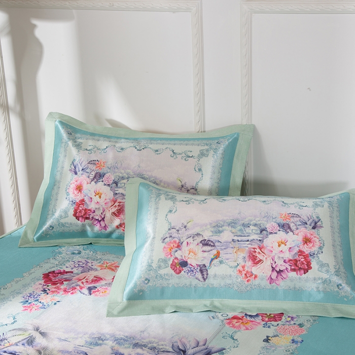 91家纺网 家纺一手货源 找家纺 2024年数码印花欧式宽边冰丝席三件套空调软席双人花卉款凉席