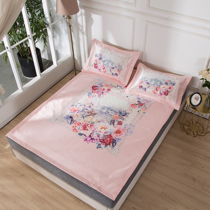 91家纺网 家纺一手货源 找家纺 2024年数码印花欧式宽边冰丝席三件套空调软席双人花卉款凉席