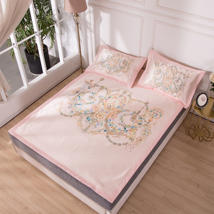 91家纺网 家纺一手货源 找家纺 2024年数码印花欧式宽边冰丝席三件套空调软席双人花卉款凉席