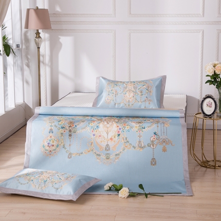 2024年数码印花欧式宽边冰丝席三件套空调软席双人花卉款凉席