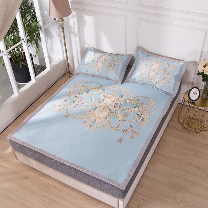 91家纺网 家纺一手货源 找家纺 2024年数码印花欧式宽边冰丝席三件套空调软席双人花卉款凉席