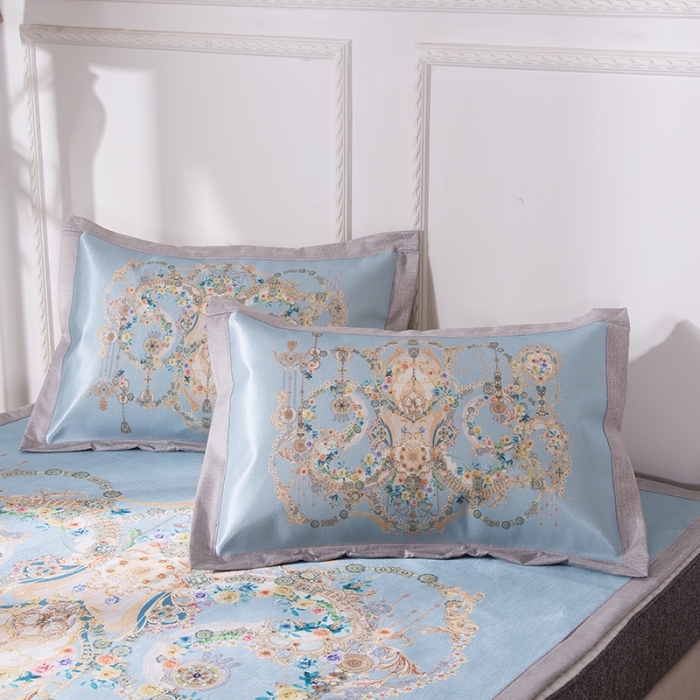 91家纺网 家纺一手货源 找家纺 2024年数码印花欧式宽边冰丝席三件套空调软席双人花卉款凉席