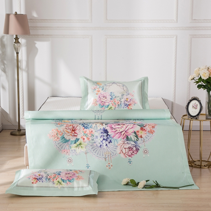 91家纺网 家纺一手货源 找家纺 2024年数码印花欧式宽边冰丝席三件套空调软席双人花卉款凉席