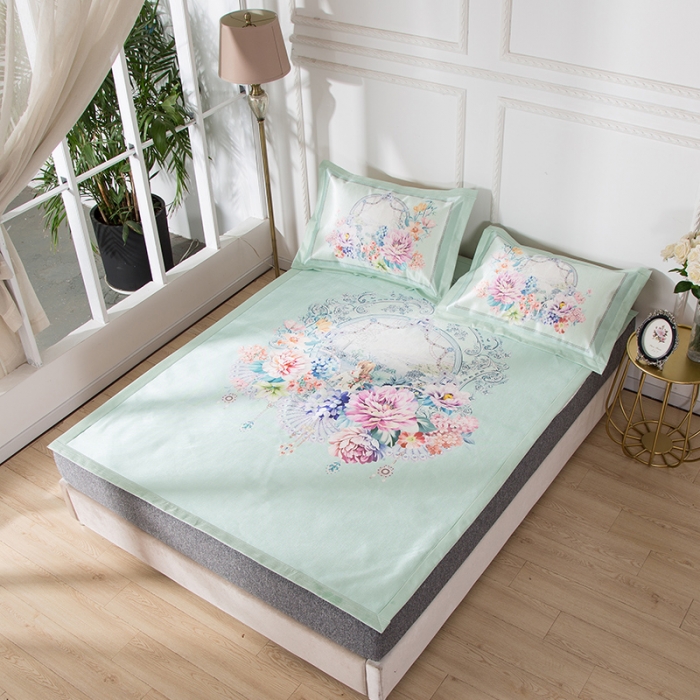 91家纺网 家纺一手货源 找家纺 2024年数码印花欧式宽边冰丝席三件套空调软席双人花卉款凉席