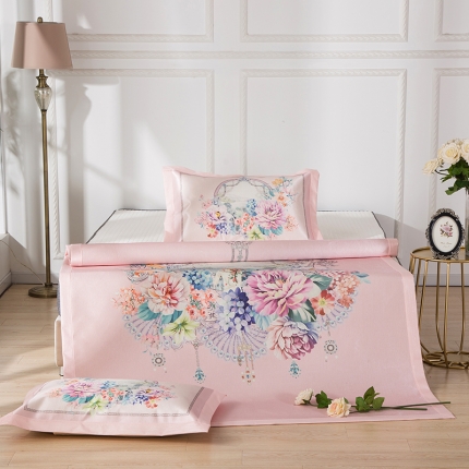 2024年数码印花欧式宽边冰丝席三件套空调软席双人花卉款凉席