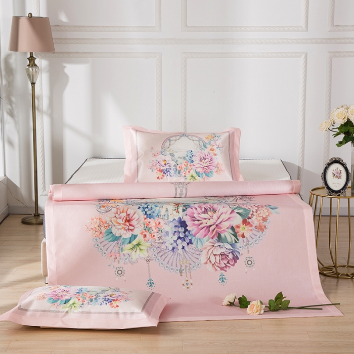 91家纺网 家纺一手货源 找家纺 2024年数码印花欧式宽边冰丝席三件套空调软席双人花卉款凉席