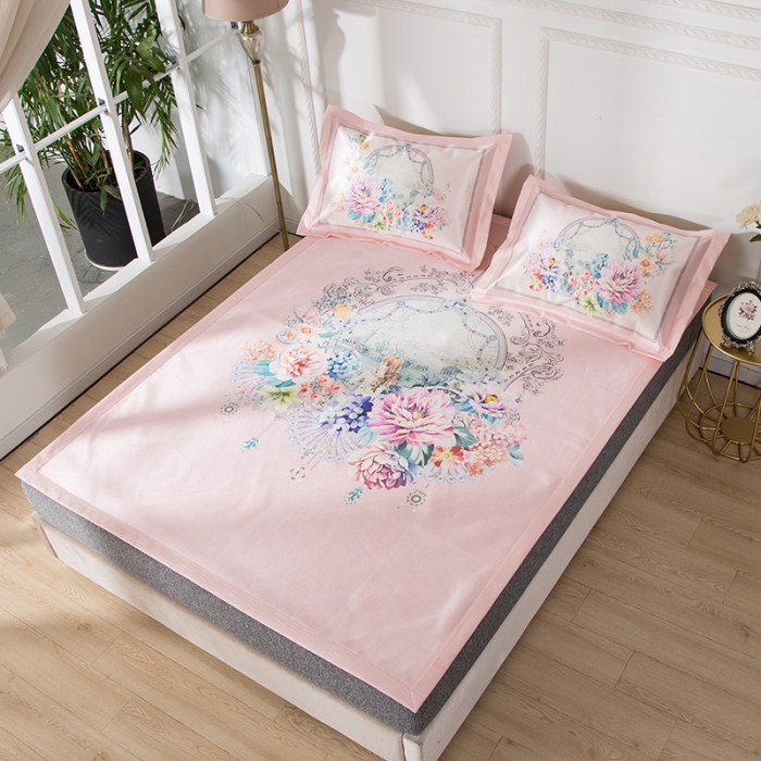 91家纺网 家纺一手货源 找家纺 2024年数码印花欧式宽边冰丝席三件套空调软席双人花卉款凉席