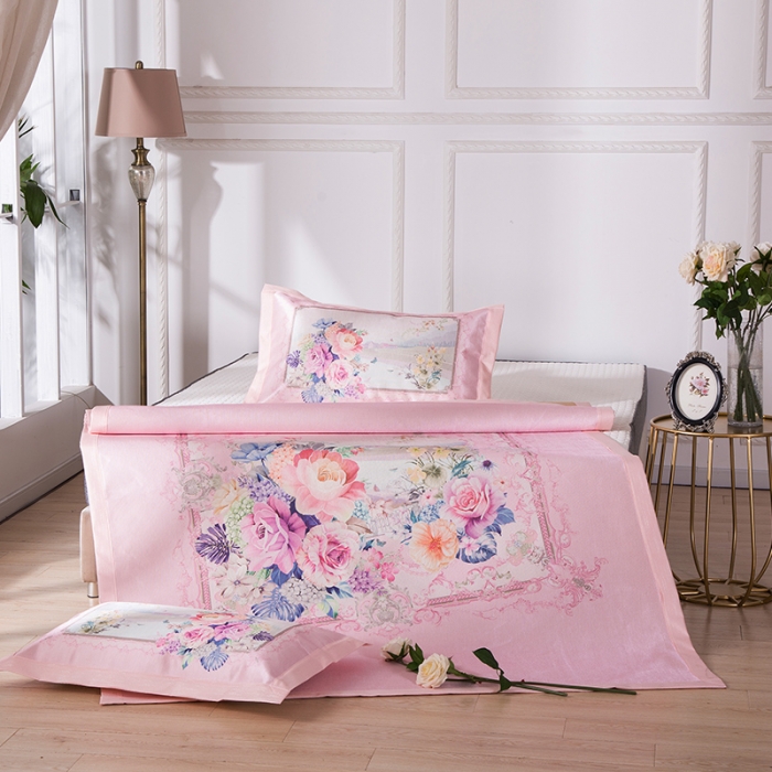 91家纺网 家纺一手货源 找家纺 2024年数码印花欧式宽边冰丝席三件套空调软席双人花卉款凉席