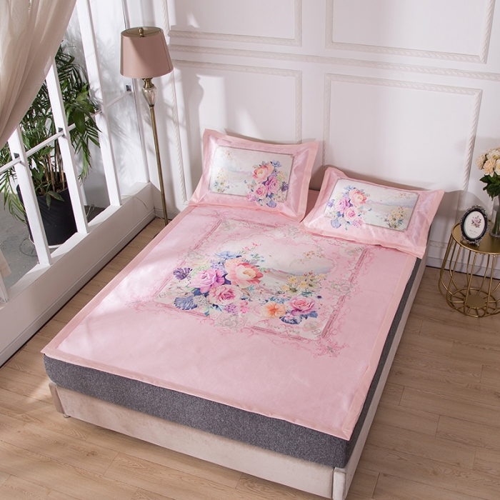 91家纺网 家纺一手货源 找家纺 2024年数码印花欧式宽边冰丝席三件套空调软席双人花卉款凉席