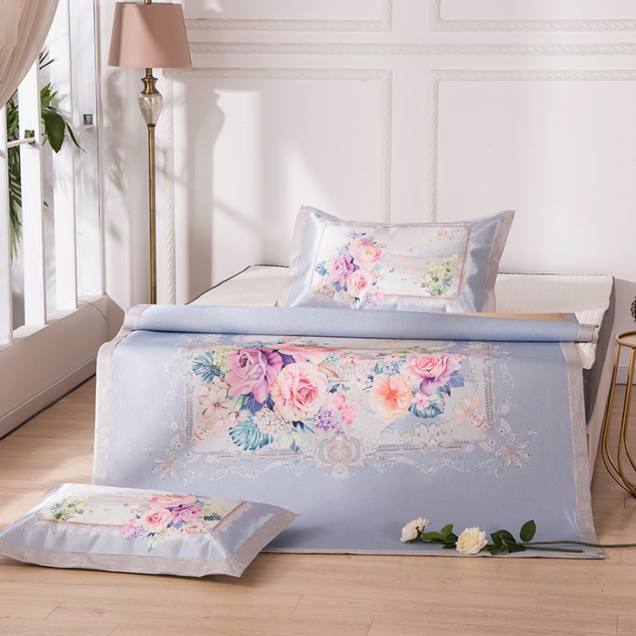 91家纺网 家纺一手货源 找家纺 2024年数码印花欧式宽边冰丝席三件套空调软席双人花卉款凉席