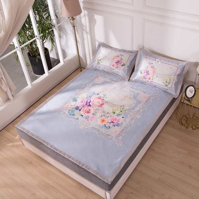 91家纺网 家纺一手货源 找家纺 2024年数码印花欧式宽边冰丝席三件套空调软席双人花卉款凉席