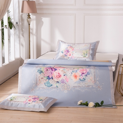 91家纺网 家纺一手货源 找家纺 2024年数码印花欧式宽边冰丝席三件套空调软席双人花卉款凉席