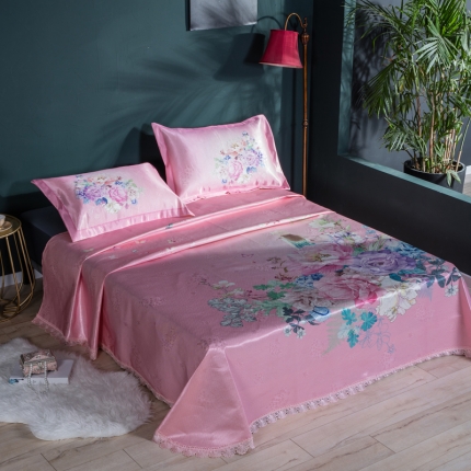 91家纺网 家纺一手货源 找家纺 2024年数码印花600D欧式蕾丝边冰丝席三件套软凉席床单款