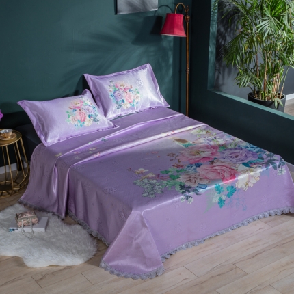 91家纺网 家纺一手货源 找家纺 2024年数码印花600D欧式蕾丝边冰丝席三件套软凉席床单款