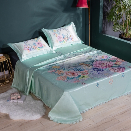 91家纺网 家纺一手货源 找家纺 2024年数码印花600D欧式蕾丝边冰丝席三件套软凉席床单款