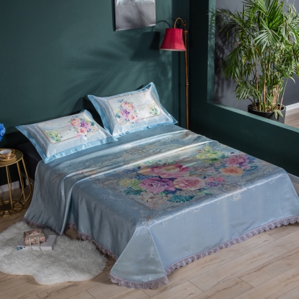 91家纺网 家纺一手货源 找家纺 2024年数码印花600D欧式蕾丝边冰丝席三件套软凉席床单款